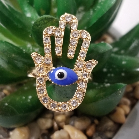 3/$30🦋 Hamsa Hand Evil Eye Adjustable Rhinestone Ring New - Picture 1 of 5